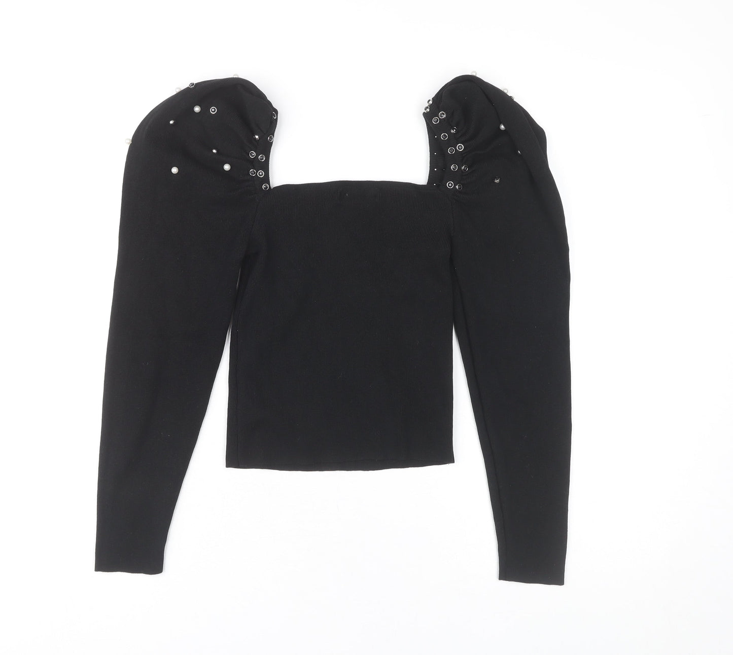 Mochy Women's Black Puff Sleeve Studded Top, One Size