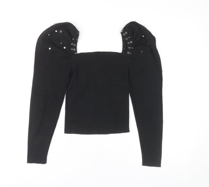 Mochy Women's Black Puff Sleeve Studded Top, One Size