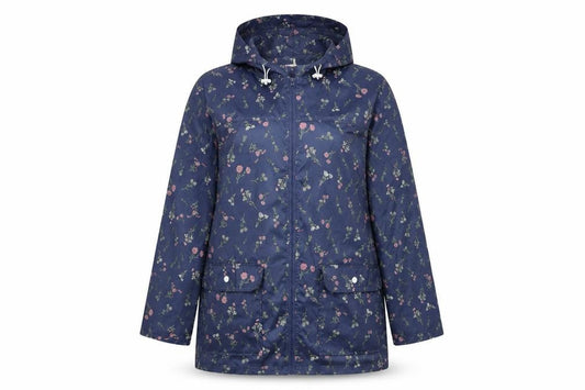 Front view of Anne De Lançay Women's Blue Floral Rain Coat M