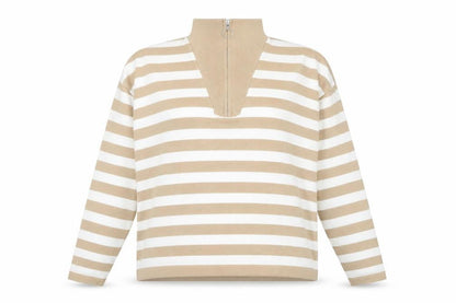 Front view of Gianni Feraud Women's Beige Striped jumper