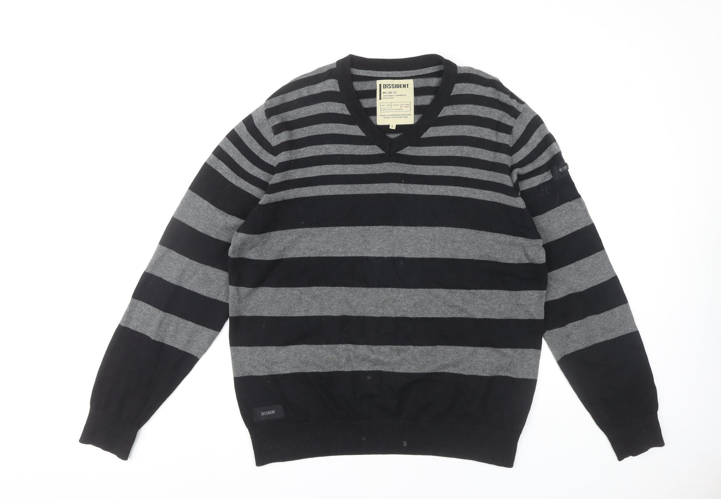 Dissident Men's Black Striped Cotton Pullover Jumper L