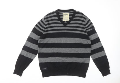 Dissident Men's Black Striped Cotton Pullover Jumper L