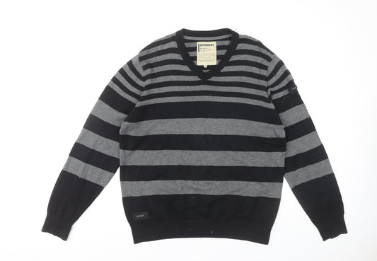Dissident Men's Black Striped Cotton Pullover Jumper L