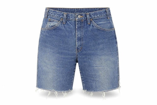 Front view of Dickies Blue Denim Cut-Off Shorts, unisex, relaxed 32in