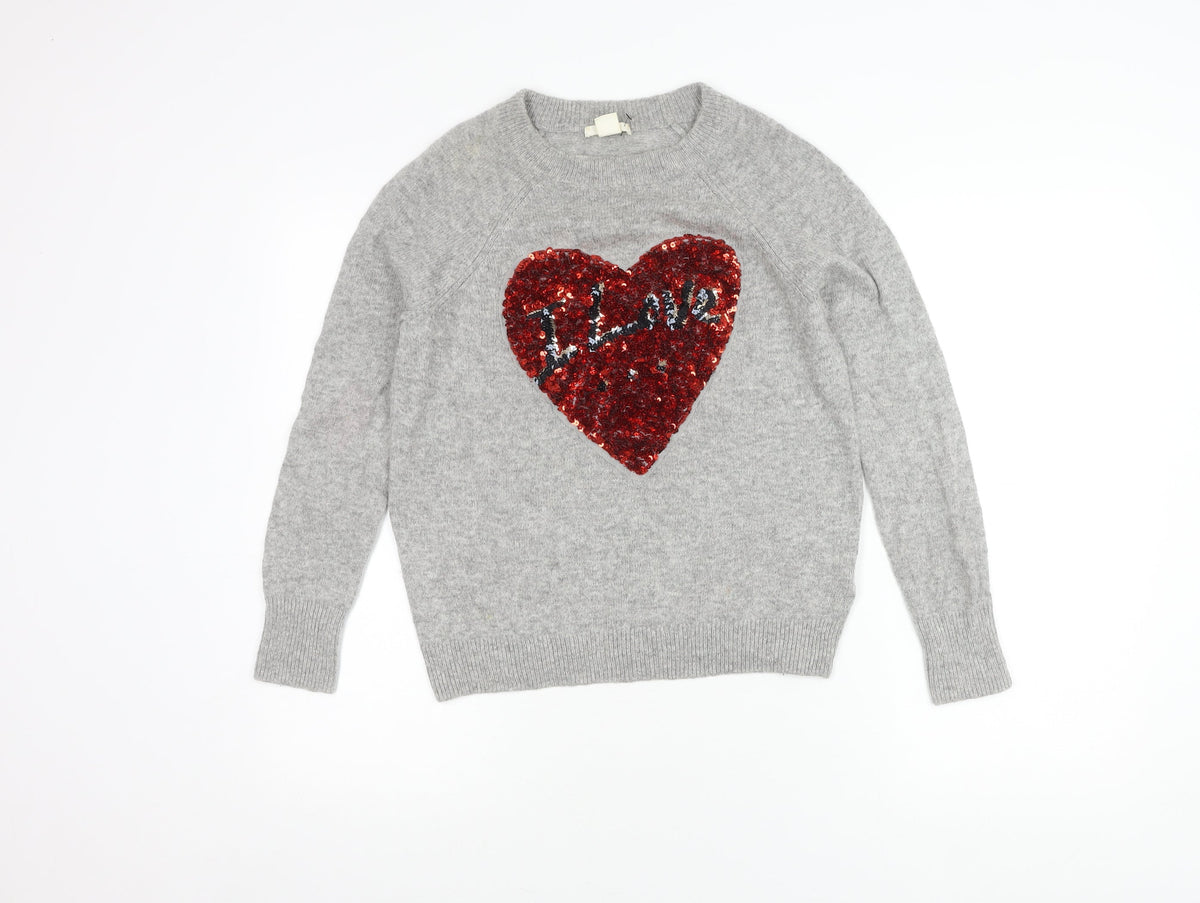 H&M Women's Grey XS Pullover Jumper Sequin Heart