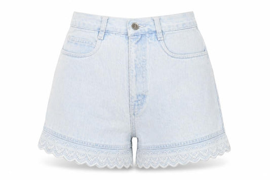 Front view of Rio by Fashion Women's Blue Denim Lace Accented Shorts, size 7