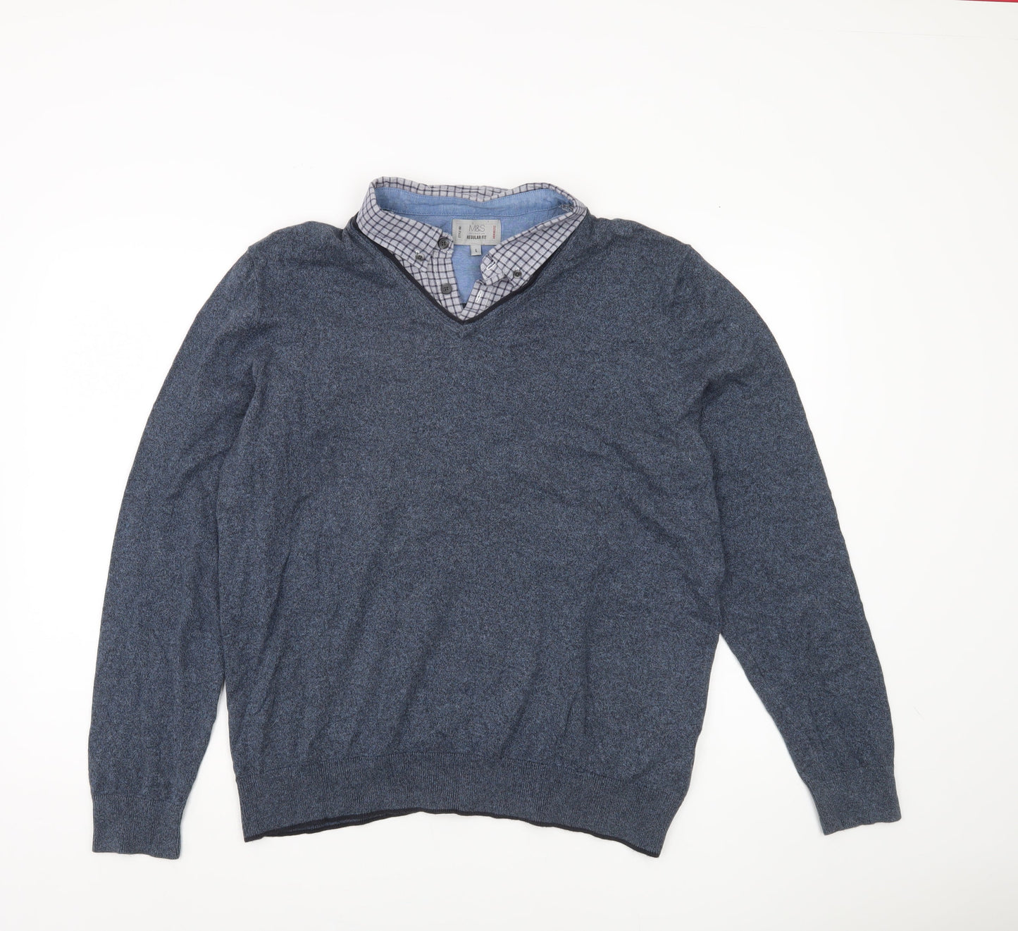 Marks and Spencer Men's Blue V-Neck Jumper L