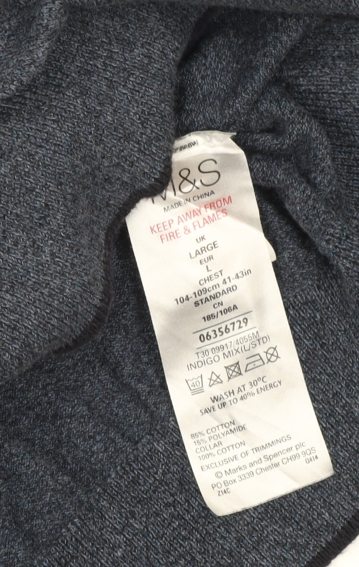 Marks and Spencer Men's Blue V-Neck Jumper L