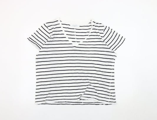 John Lewis Women White Striped V-Neck T-Shirt Size 18