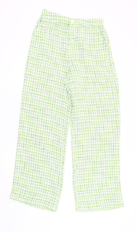 Stradivarius Women's Green Check Wide-Leg Trousers Size 12