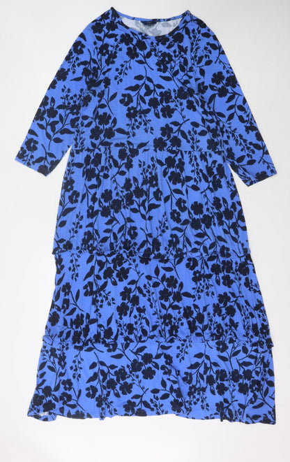 Cotton Traders Blue Floral Dress 3/4 Sleeve Size 16