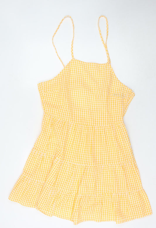 Boohoo Women's Yellow Check Strappy Dress - Size 14