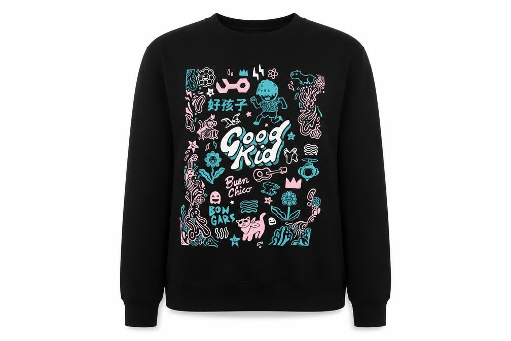 Front view of Just Hoods unisex black graphic sweatshirt m