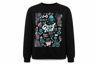 Front view of Just Hoods unisex black graphic sweatshirt m