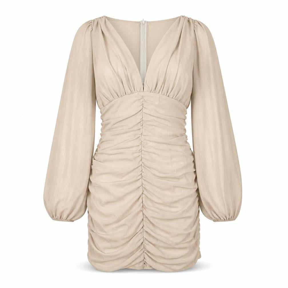 Front view of PRETTYLITTLETHING Women's Beige Bodycon Dress, size 10