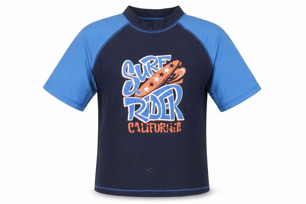 Front view of Pocopiano boys’ blue surf rash guard xs