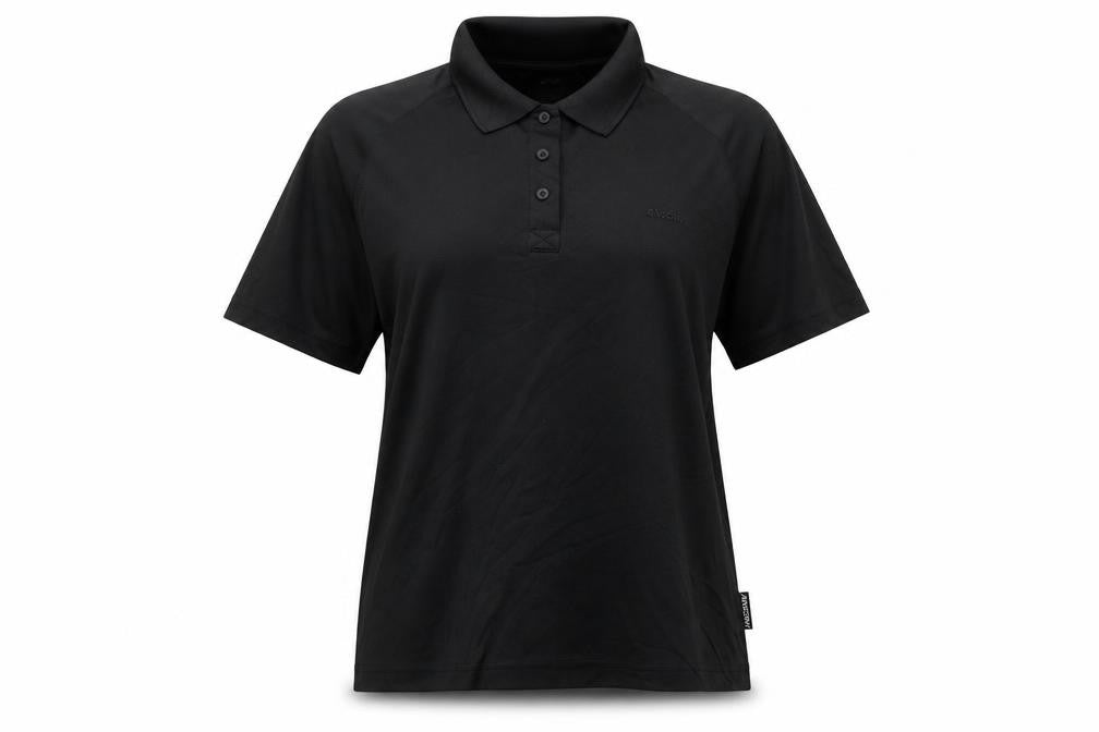 Front view of ANZON7 unisex black polo shirt, regular fit, lightweight