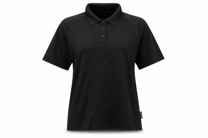 Front view of ANZON7 unisex black polo shirt, regular fit, lightweight