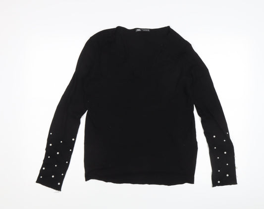 Zara Women's Black V-Neck Cotton Pullover Jumper Size 10