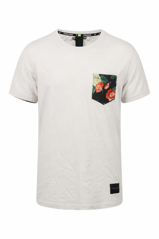 Front view of Criminal Damage unisex white m t-shirt crew neck floral
