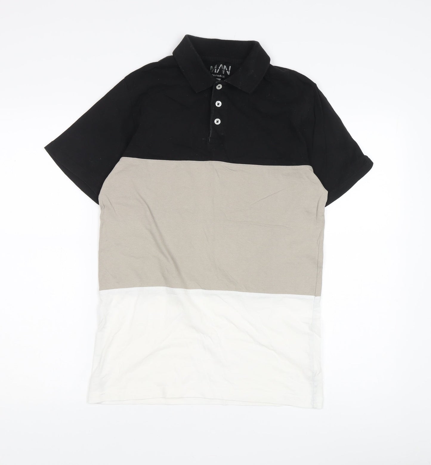 boohooMAN Men's Colourblock Polo, Small, Black/Beige
