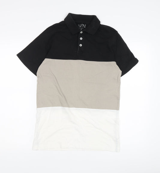 boohooMAN Men's Colourblock Polo, Small, Black/Beige