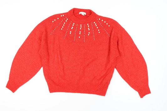 H&M Women's Red Mock Neck Beaded Jumper Size S