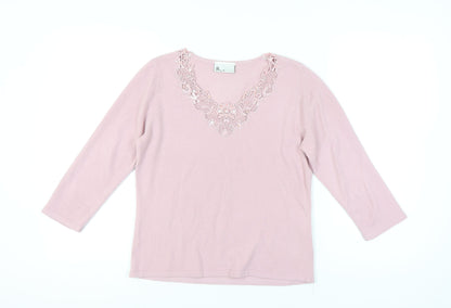 Bhs Women's Pink Pullover Jumper Size 14, V-Neck, 3/4 Sleeve