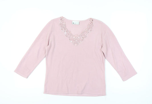 Bhs Women's Pink Pullover Jumper Size 14, V-Neck, 3/4 Sleeve