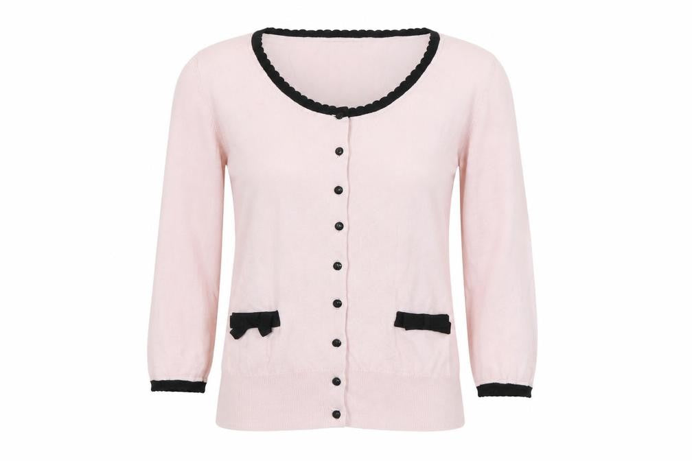 Front view of H&M Women's Pink Cardigan, size 12, Scoop Neck