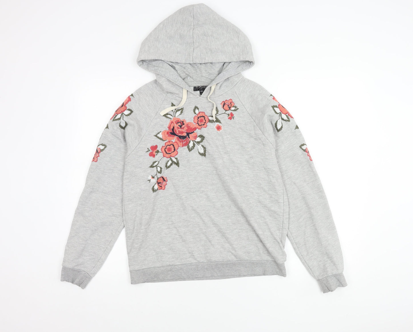 Topshop Women's Grey Floral Embroidered Hoodie S