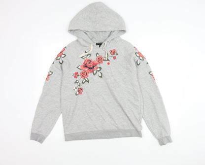 Topshop Women's Grey Floral Embroidered Hoodie S