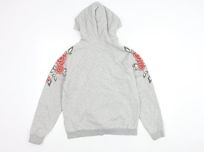 Topshop Women's Grey Floral Embroidered Hoodie S