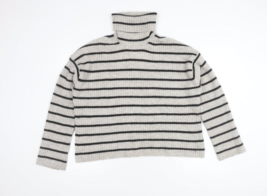 H&M Women's Grey Striped Roll Neck Jumper Size M