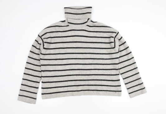 H&M Women's Grey Striped Roll Neck Jumper Size M