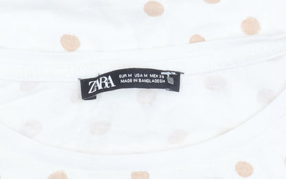 Zara Women's White Polka Dot T-Shirt, Size 12
