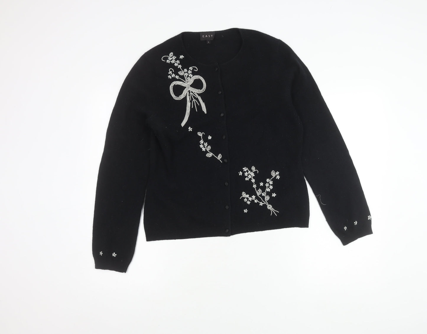 East Women's Black Wool Cardigan, Floral, Size L
