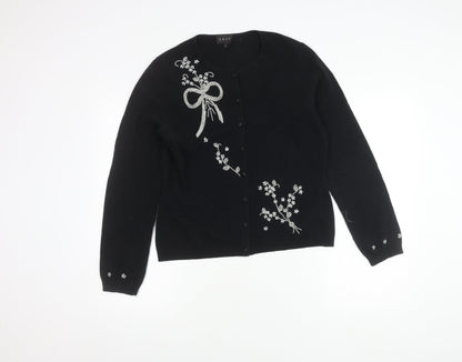 East Women's Black Wool Cardigan, Floral, Size L