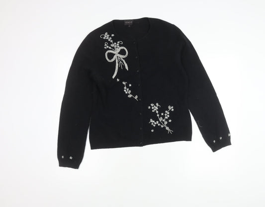 East Women's Black Wool Cardigan, Floral, Size L