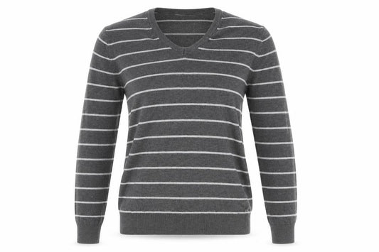 Front view of Women's Grey Striped V-Neck jumper - S