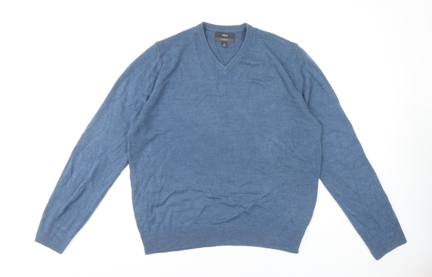 Marks and Spencer Men's Blue V-Neck Jumper - Size L