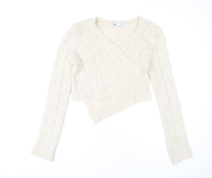 Zara Women Ivory Cable-Knit Jumper M Acrylic Polyamide