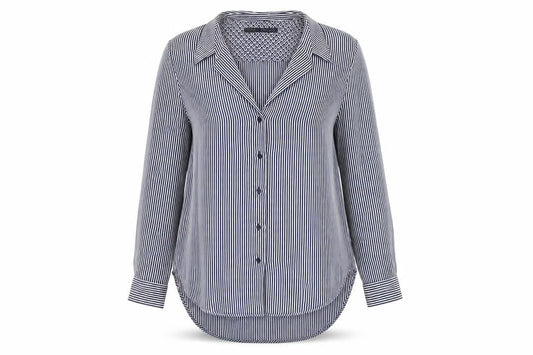 Front view of Zara Basic Women's Blue Striped Blouse, size 12, Casual