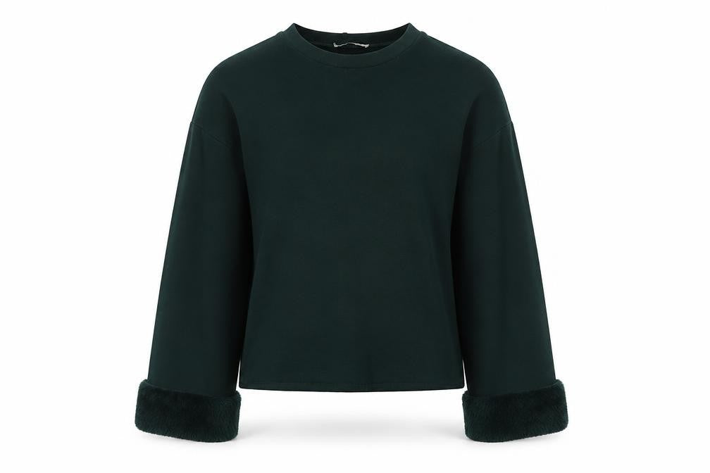 Front view of Zara Women Green Pullover Fur Trim Jumper Size 2XS