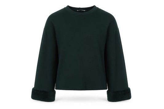Front view of Zara Women Green Pullover Fur Trim Jumper Size 2XS