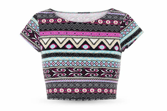 Front view of Quiz Women's Multicoloured Cropped Geometric T-Shirt