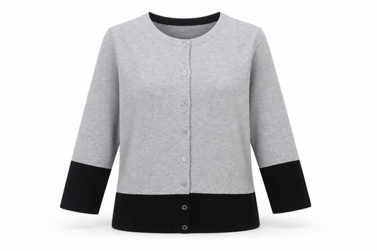 Front view of M&Co women’s grey cardigan, size UK 12, 3/4 sleeve