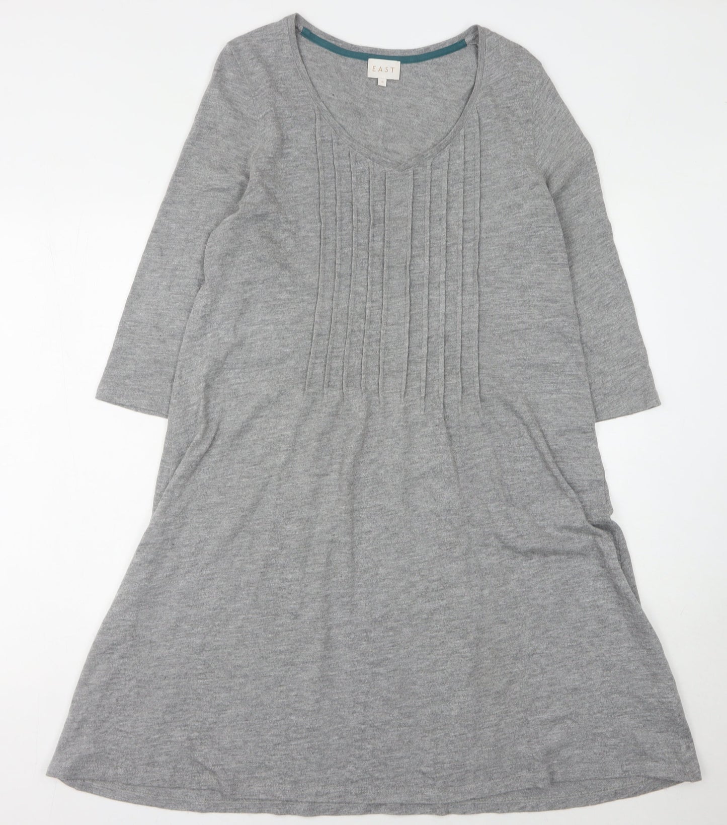 East Women's Grey V-Neck Dress Size 14, 3/4 Sleeve Knit