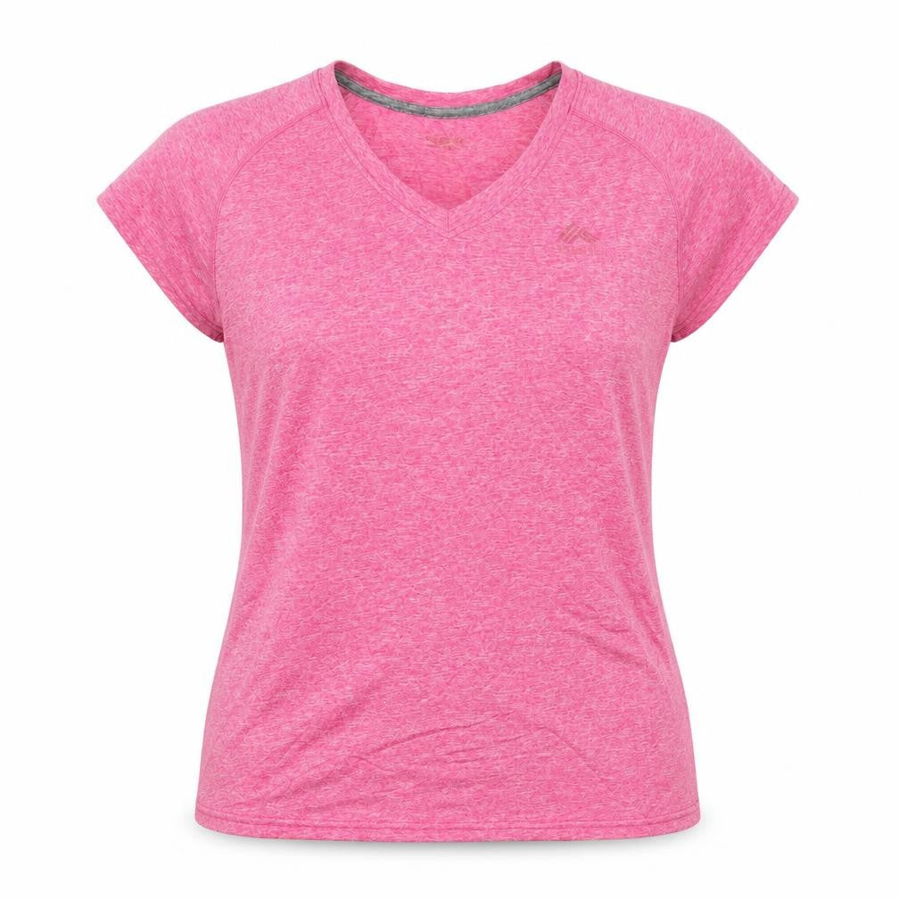Front view of REI Women's Pink V-Neck Activewear T-Shirt, Medium