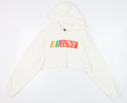 H&M Women’s White Hooded Love Logo Crop Hoodie M